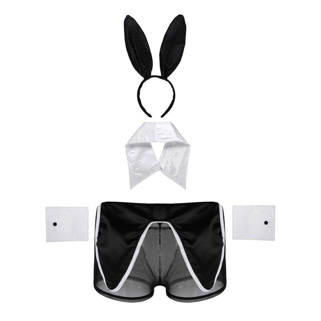 Mens Rabbit Ears See Through Boxer Briefs Underwear Set Halloween Costume