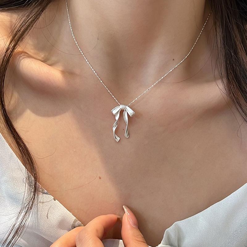 S925 Silver Bow Pendant Necklace Elegant Beaded Clavicle Chain Luxury Jewelry For Women Girls Wedding Party Gift