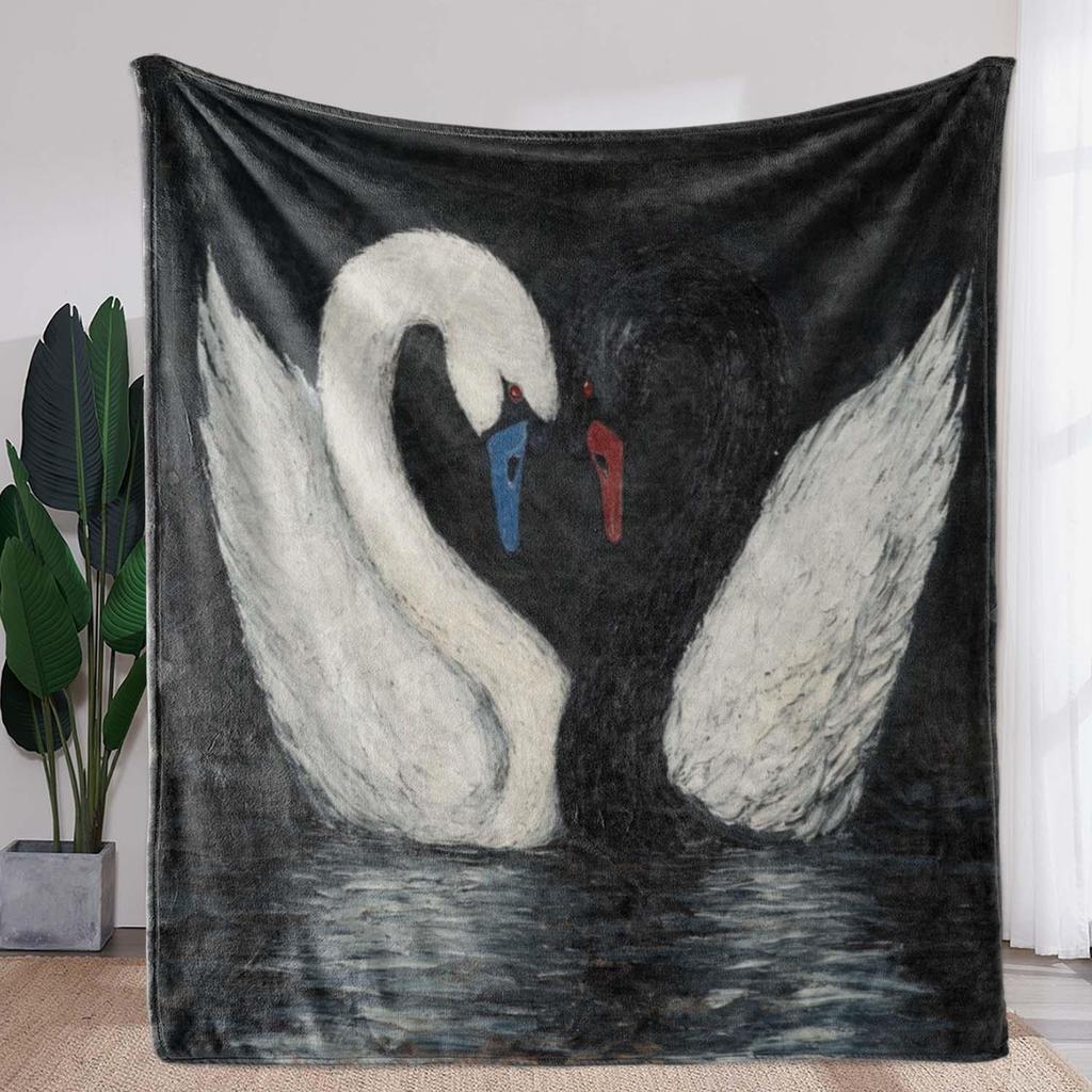 Black and White Swan Art Pattern Flannel Printed Blanket Suitable for All Seasons Suitable for Living Room Office Sofa Travel