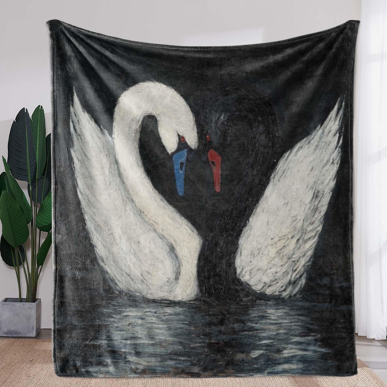 Black and White Swan Art Pattern Flannel printed blanket suitable for all seasons suitable for living room office sofa travel 75x90cm