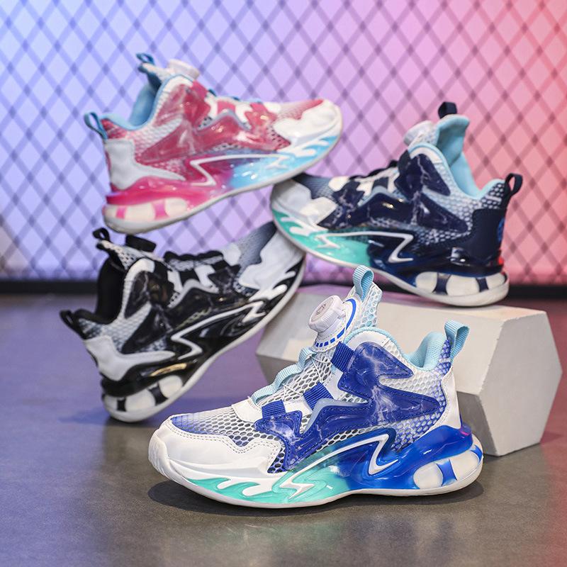 Youth Basketball Shoes Lightweight Shock-absorbing Single Mesh Shoes Breathable Summer New Double Mesh Rotating Buckle Boys Running Shoes