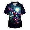 Men's Short Sleeve V-Neck Halloween Print Scrub Top with Chest Pocket for Work Uniform