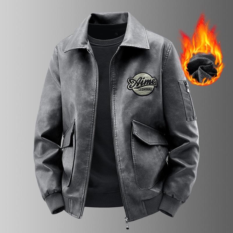 Spring and Autumn New Men's Leather Jacket Lapel Three-dimensional Pocket Fashion Trendy Men's Clothing Casual Versatile Trendy Brand Leather Jacket