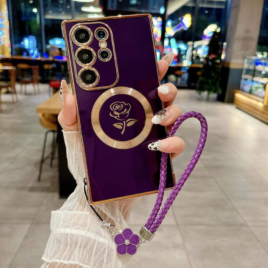 Pro Samsung Galaxy S25 Ultra Magnetické pouzdro s pleteným popruhem Růžový květ Elektroplátovaný TPU kryt na telefon