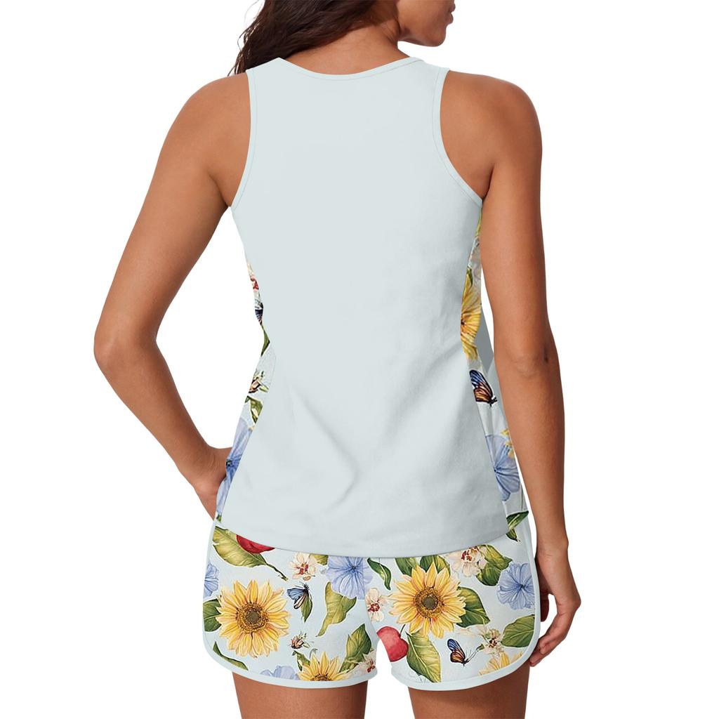 Women’s Sleeveless Floral Print Tank Top and Shorts Set Lightweight Athletic Two Piece Outfit for Sports Yoga Running