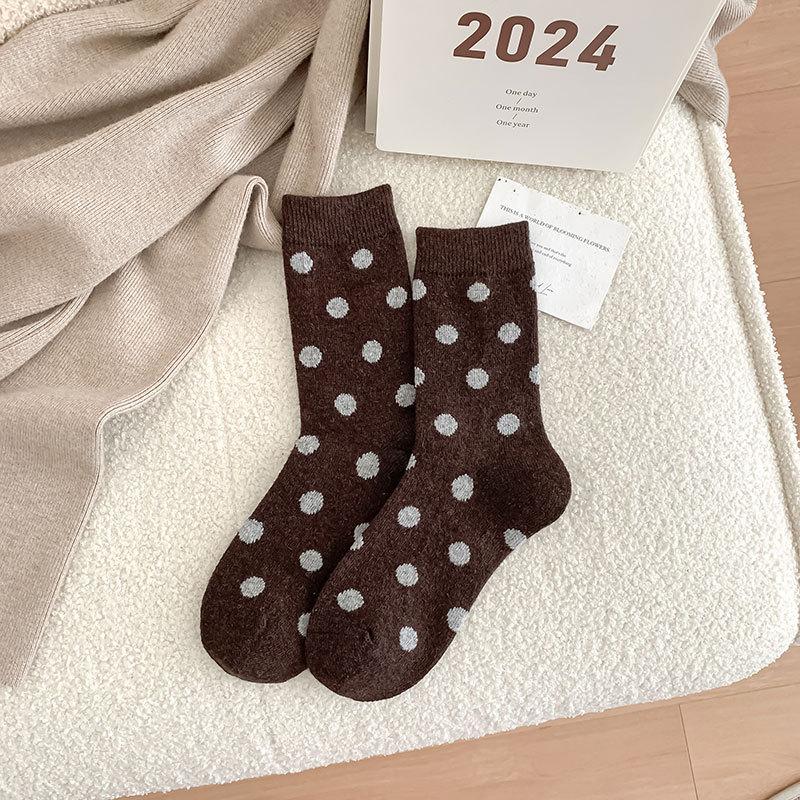 Socks Thickened Warm And Versatile Polka Dot Black Wool Maillard Coffee Color Mid-Leg Socks