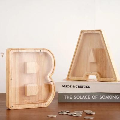Twenty-six Letter Piggy Bank Wooden Coin Money Saving Box Jar Coins Storage Box Desktop Ornament Home Decor Crafts Xmas Gift