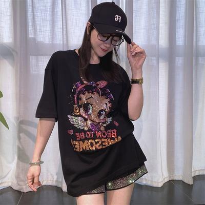 Plus Size Cartoon Girl Pattern Diamonds Short Sleeve Tees for Women Summer Clothing Thin Casual Loose O Neck T Shirt Knitwear