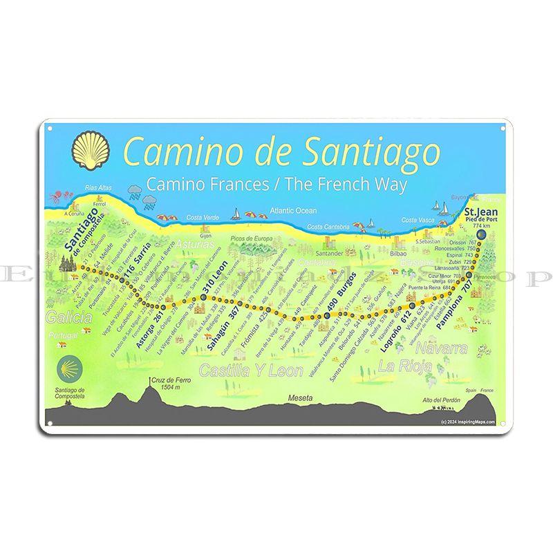 Mapa Camino de Santiago Kovová deska Plakát Obývací pokoj Přizpůsobit Vytvořit Garáž Kino Plechový znak Plakát