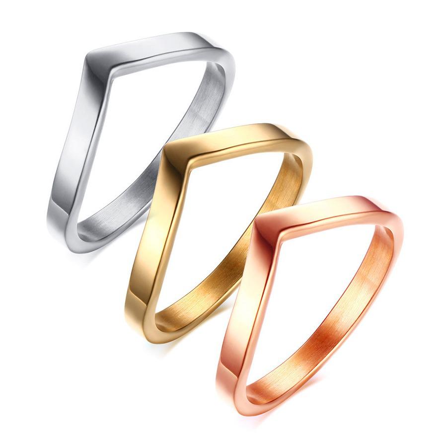 Women's Gold V-Shape Cubic Zirconia Stainless Steel Ring R-665