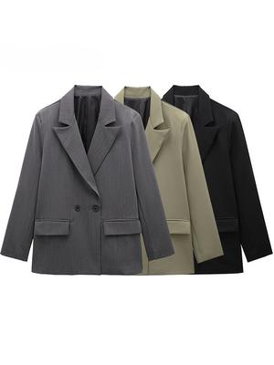 Women Parkas Fashion with Pockets Solid Double Breasted Blazer Vintage Long Sleeves Notched Neck Female Office Lady Outfits