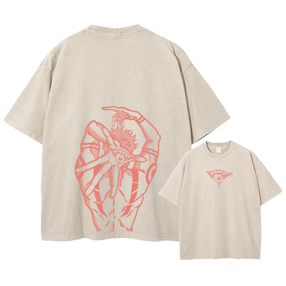 Anime Printed Streetwear Vintage Washed T-shirt Men Harajuku Manga Graphic Print Gojo Acid Wash Tops Tee Shirt
