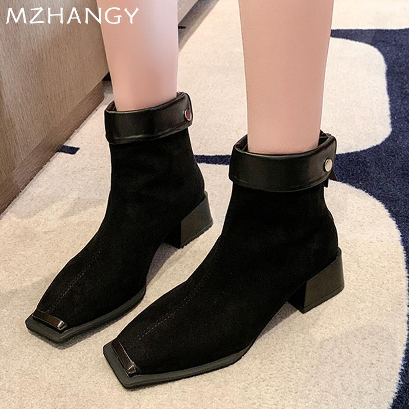 Mode Damen Leopard Wildleder Stiefeletten Eckige Zehenpartie Mittelhohe Absätze Schuhe Frau 2025 Trend Mode Winter Neu Schnee Motorradstiefel Mujer Botas