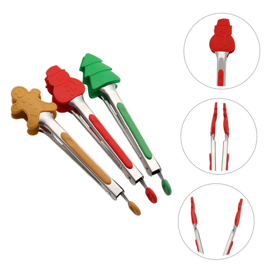 Christmas Food Tongs 6 Pcs Grip Serving Gingerbread Man Tree Nonstick Tip Reusable Bacon Silicone Tongs Meat Server