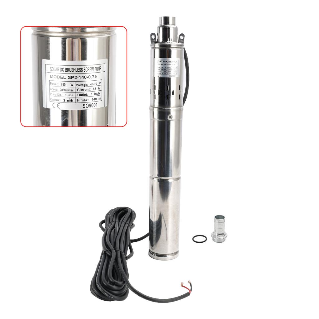 3" 24V 350W/48V 750W Deep Well Solar Submersible Bore Hole Water Pump Built-in MPPT