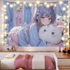 VIKAMA Purple Hair Cat Ear Girl Tapestry Japanese Anime Window Lolita Warm Wall Art for Bedroom Living Room Decor