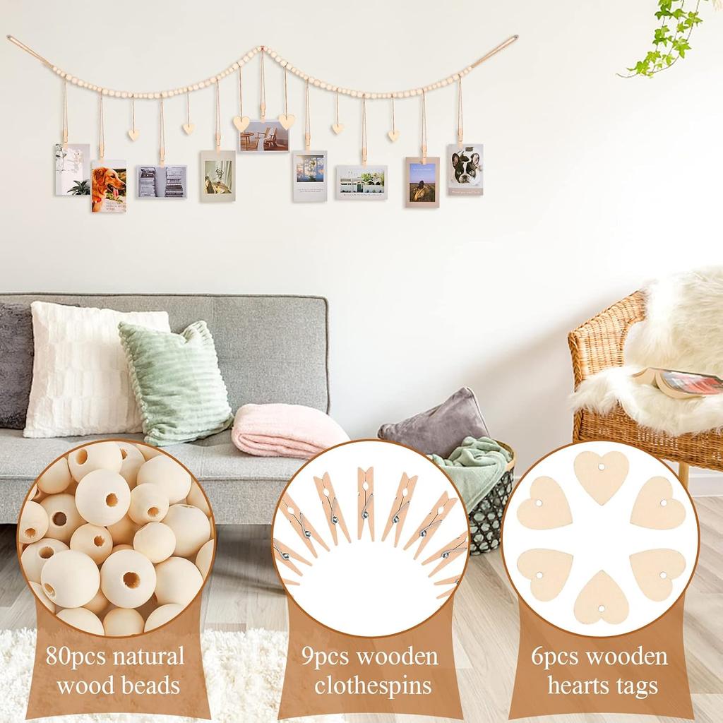 KLOGTSIND Hanging Photo Display with Clips, 9 Wood Clips, Boho Picture Frames Collage Wall Decor, Photo Hanger for Office Cubicle Decor, Kids Art