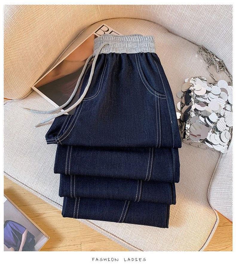 Plus Size Elastic Waist Wide-Leg High-Waisted Floor-Length Jeans for Women