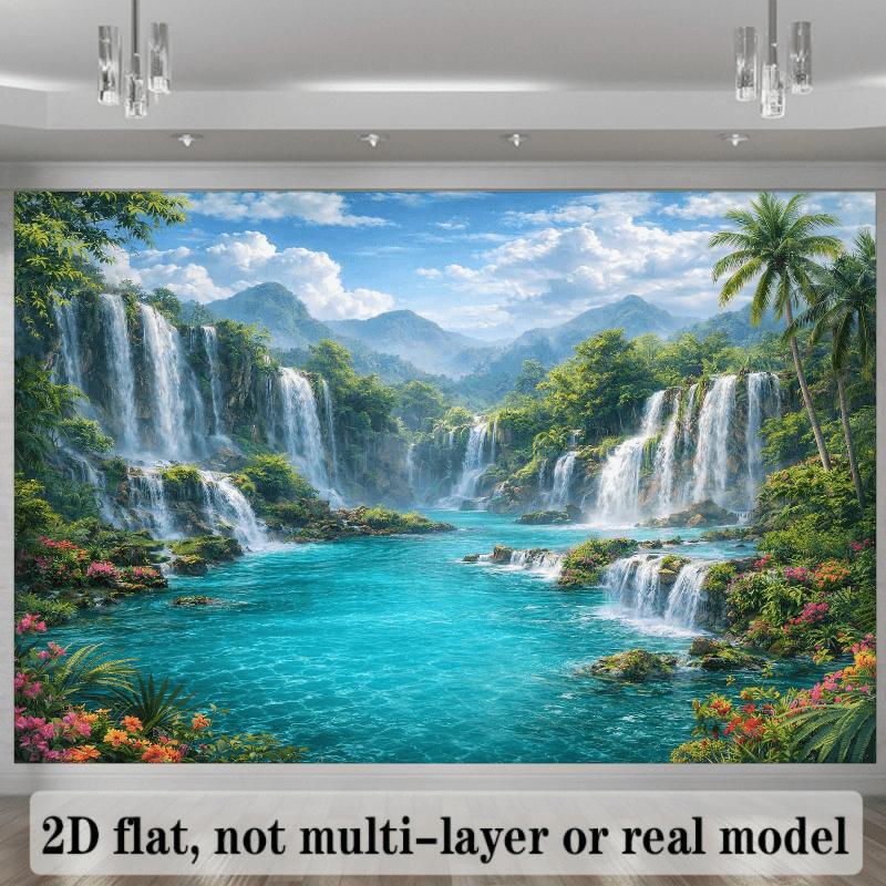 2D Plane Tropical Waterfall Landscape Background Fabric Cascading Waterfall Clear and Blue Water Pool Polyester Fiber