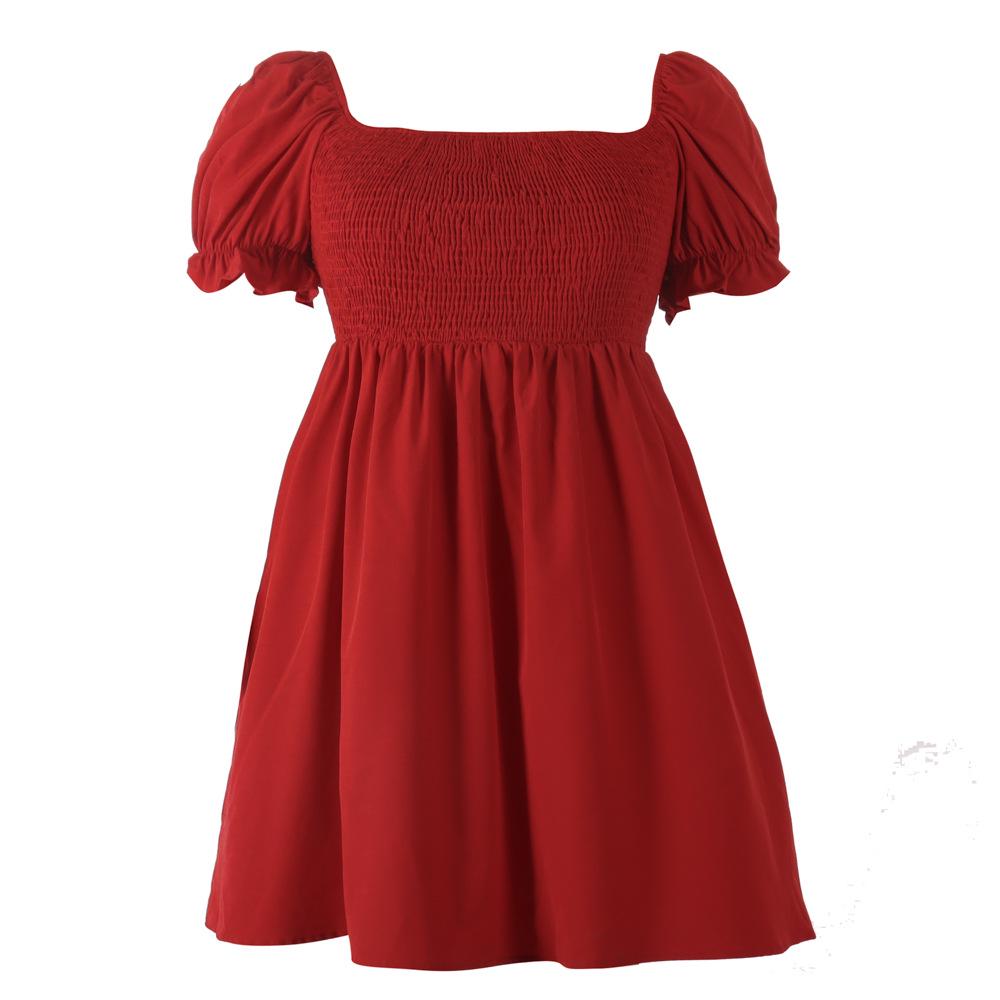Plus Size Solid Color Casual Square Neck Vacation Dress with Smocked Puff Sleeves