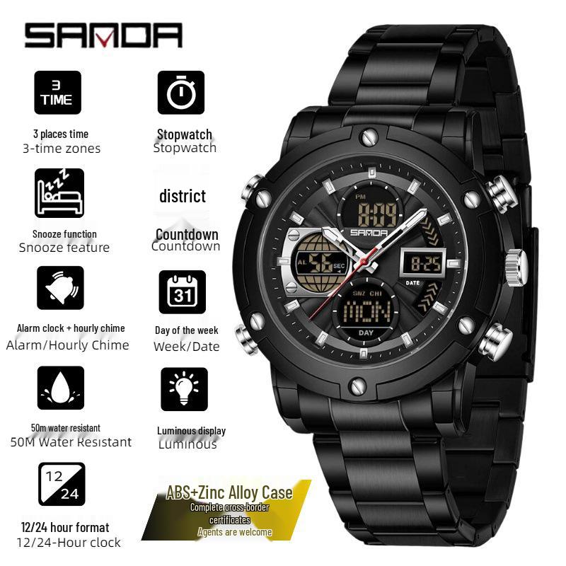 SANDA Men's Multi-Time Zone Steel Band Watch - Luminous, Waterproof, Alarm & Stopwatch Features