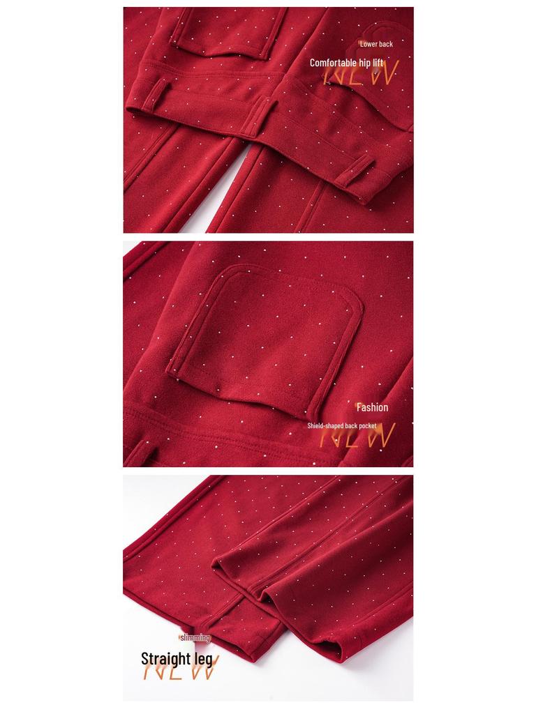 Women's Loose Autumn Winter Straight Leg Red Casual Pants - Slimming Wide-Leg Banana Shaped Sweatpants