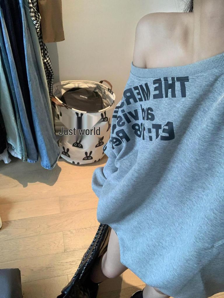 Damen American Retro Schrägkragen Sweatshirt - Übergroßes Oberteil für Frühling/Herbst