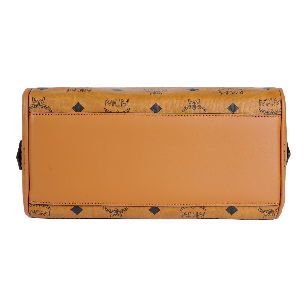 MCM Ella Monogramm Goldenes Schloss Anhänger Reißverschluss Leinwand Mit Leder Boston Tasche Crossbody Handtasche Kleine Damen Handtaschen Cognac MWBESEA02CO001