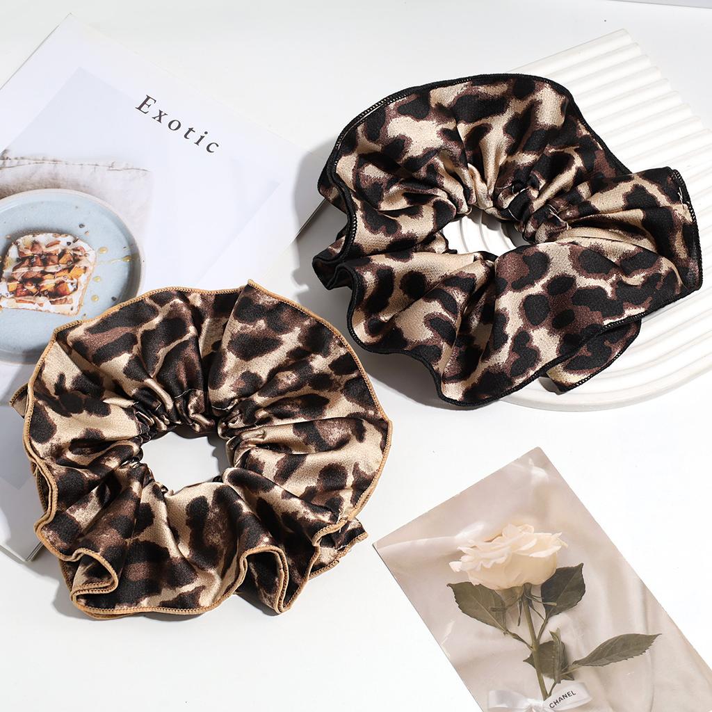 Fashionable Leopard Print Double-layer Large Intestine Headband Hair Accessory, Retro Low Ponytail Headband, Floral Leather Band