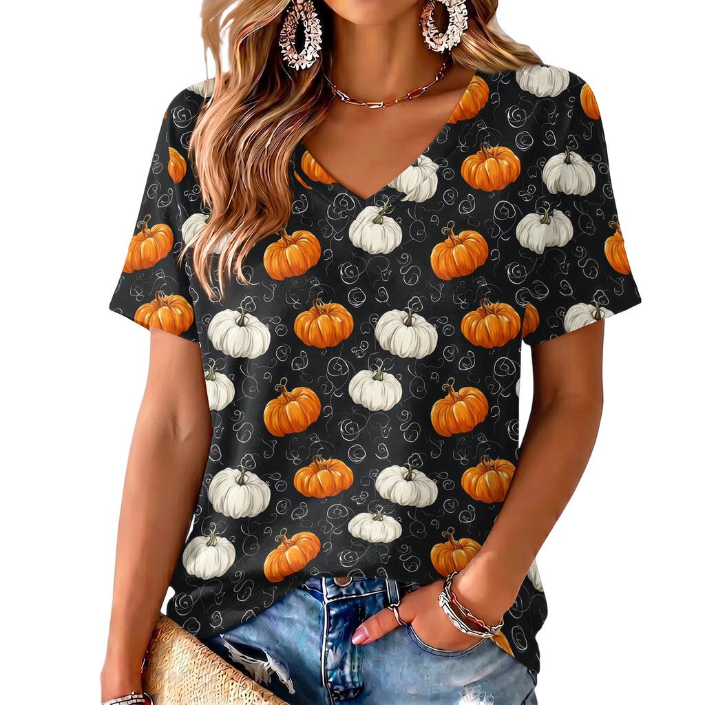 Women's V-Neck Lightweight Halloween Print Top for Spring and Summer