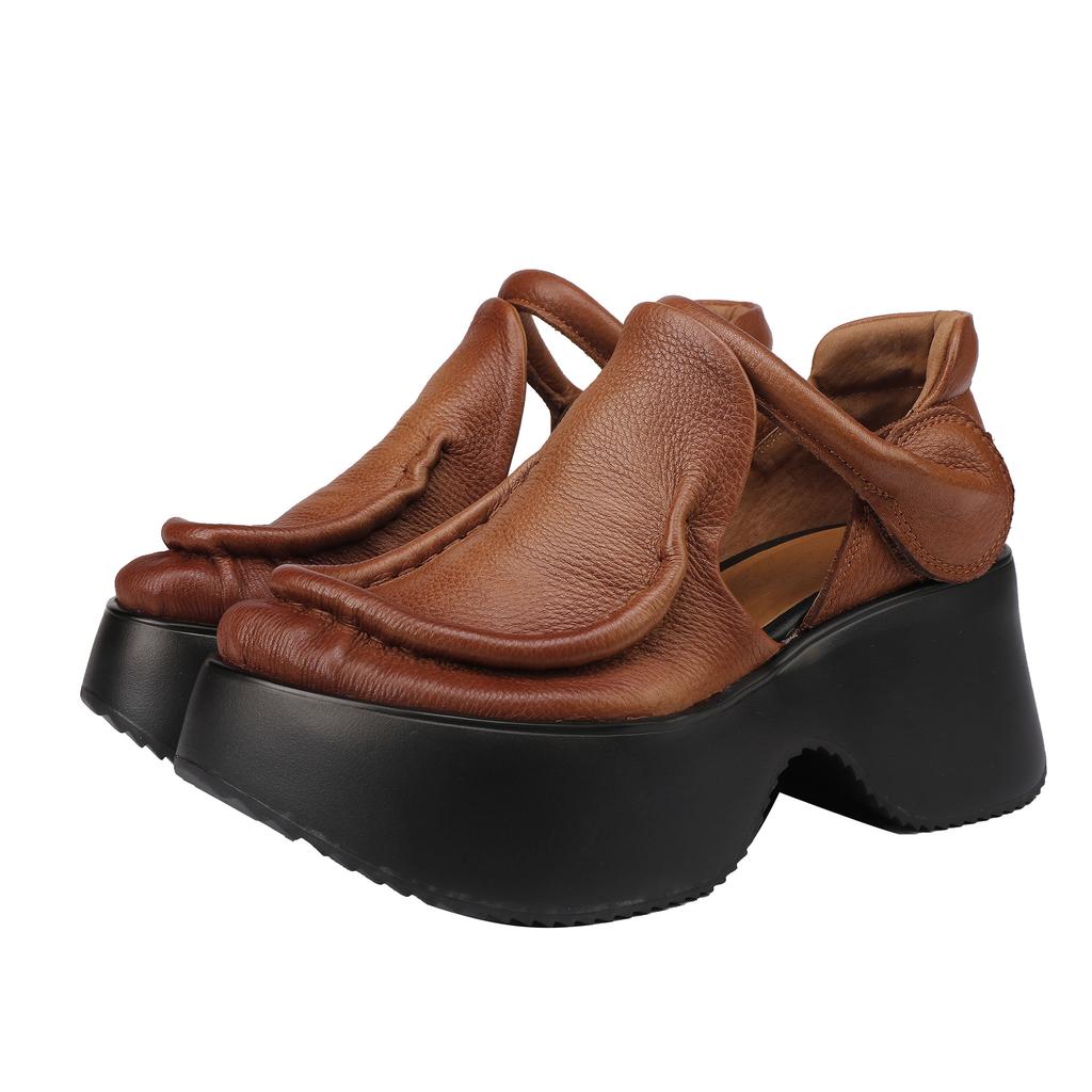 Johnature Retro Genuine Leather Thick Soled Shoes Round Toe Thick High-heeled Comfortable Platform Sandals