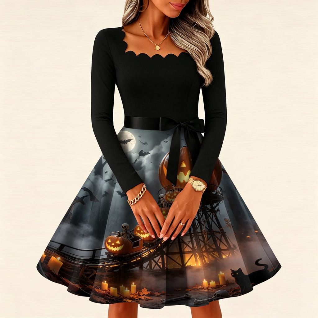 Women's Vintage Long Sleeve Square Neck Halloween Printed Party Dress for Evening Wear