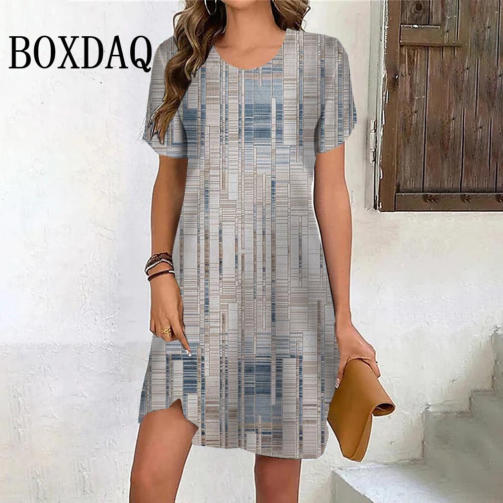 Summer Retro Short Sleeve New Dresses Women Tie Dye Striped Print Dress Casual O-Neck Loose Dresses S