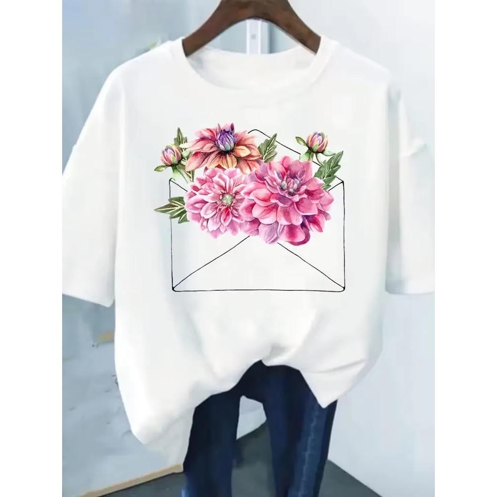 Flower Print Fashion Plant Trend Lovely print ladies T-shirt casual basics O-collar Black shirt short sleeve ladies T-shirts
