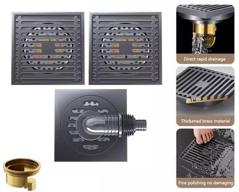 Condibe Brass Modern Square 100mm Tile Insert Grate Floor Drain Black Floor Drain (Black,Brass) чёрный