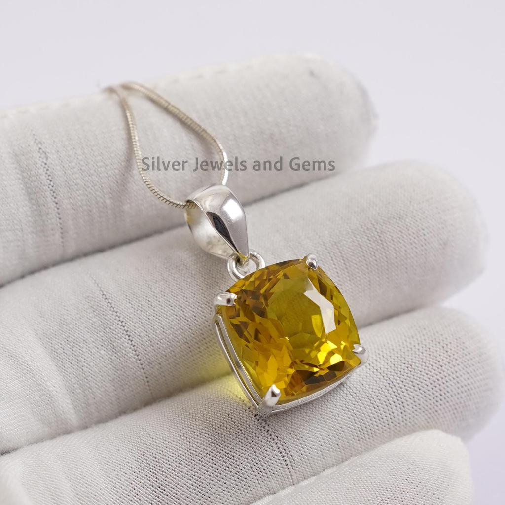 Natural Citrine Pendant, Prong Pendant, Square Gemstone Pendant, Engagement Pendant, 925 Sterling Silver Pendant