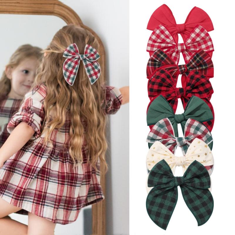 Girls Bow Hair Clips for Christmas Hair Accessories Kids Side Clip Plaid Print Sailor Bows Cotton Hairpin Barrettes Child Headwear
