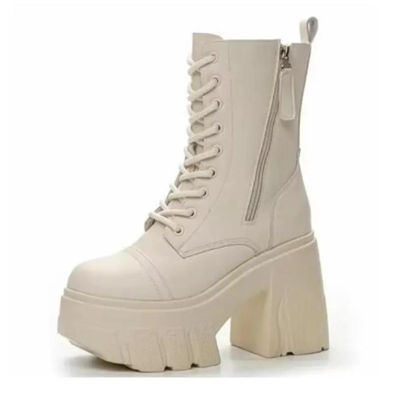 

НОВЫЕ Панк Готические Женские Сапоги 11СМ Платформа Танкетка До Колена Модные Британские Сапоги МОЛНИЯ Кожаные Ботильоны Весенние Синтетические Осенние Туфли 35