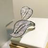 Silver Exaggerated Micro-set Zircon Ring Temperament Large Willow Leaf Full Diamond Ring Female Party Wedding Jewelry Gift