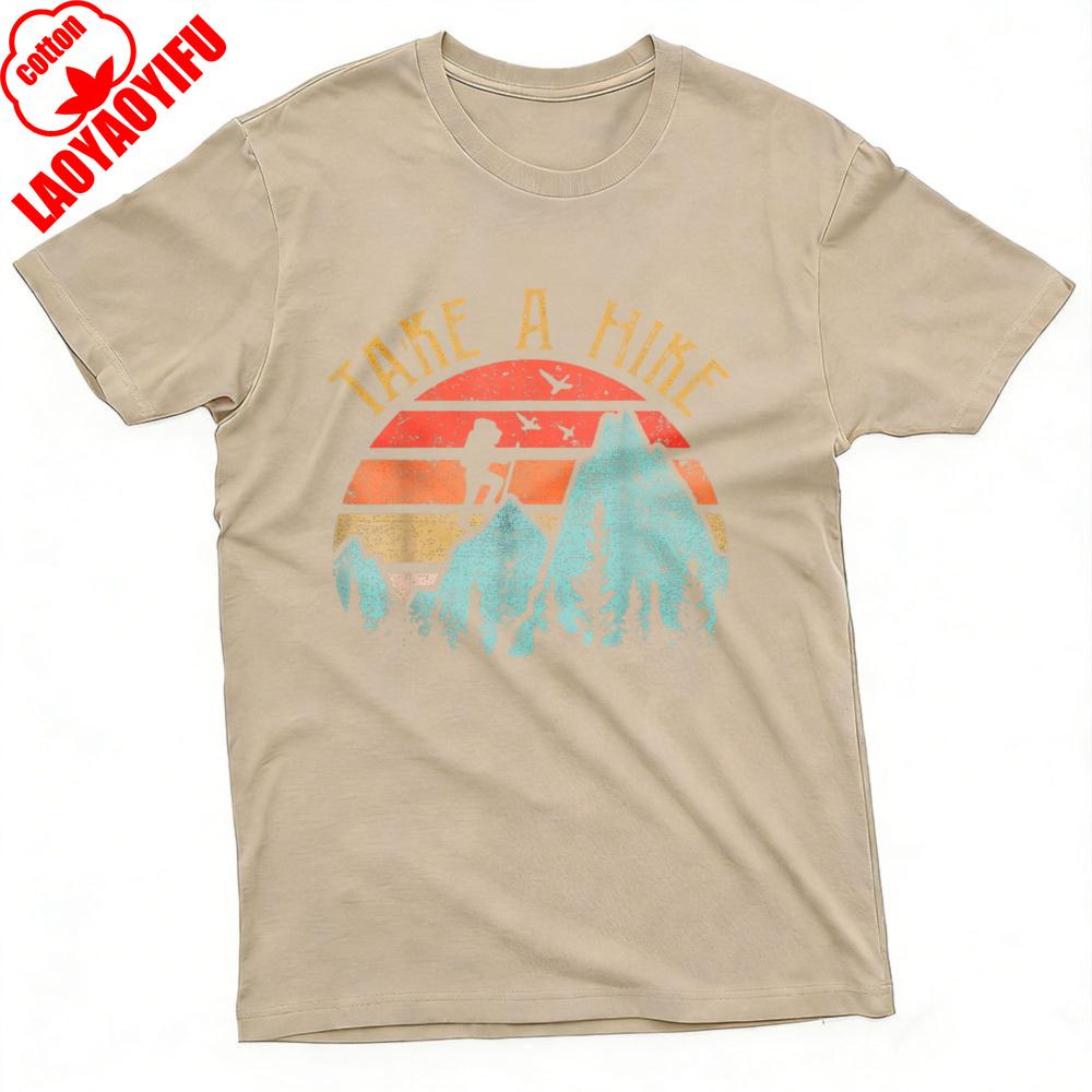 Take A Hike Mountain Sunset Design Summer Men TShirt Vintage Outdoor Style Casual Wear for Nature Adventure Enthusiasts Tops