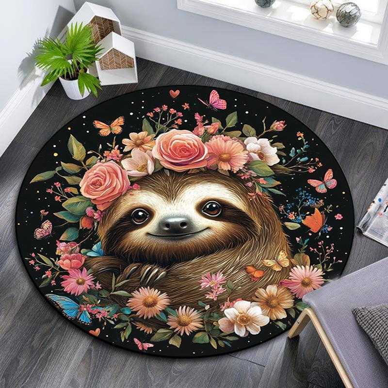 Sloth Round Area Rug,Carpet Rug for Living Room Bedroom Sofa Playroom Decor,Non-slip Floor Mat