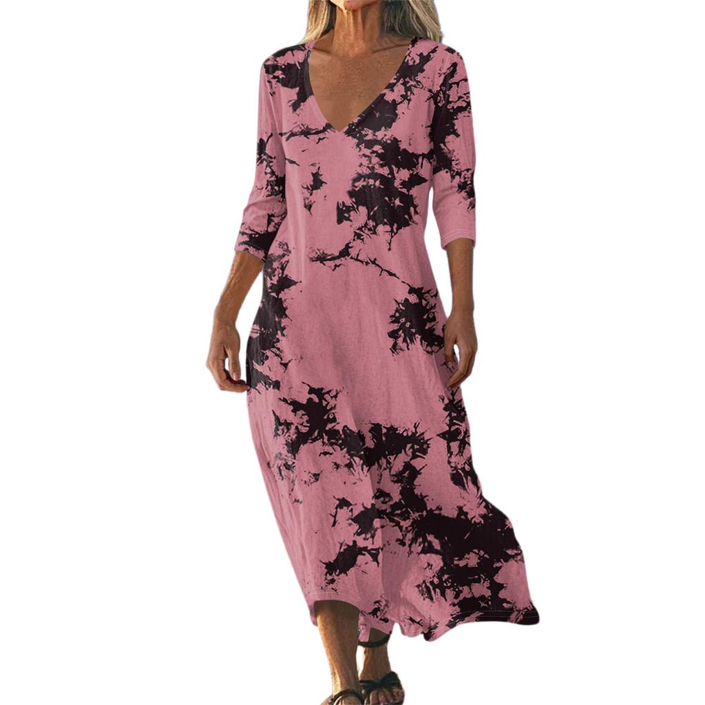 Dresses For Womens Vintage Print Tunic Waisted Midi Dress Summer Casual 3/4 Sleeve Dress