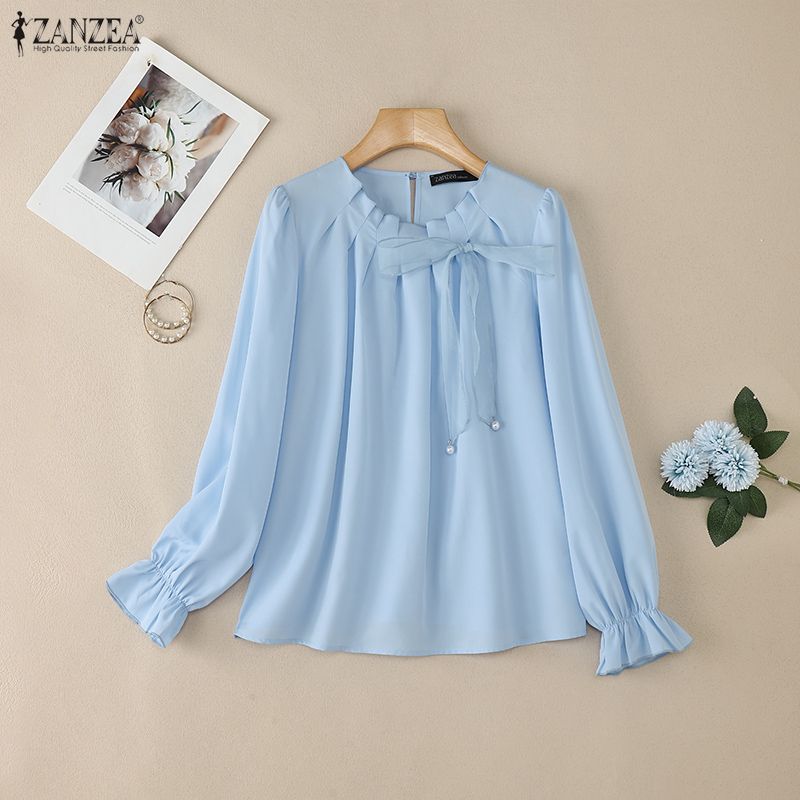 ZANZEA Women Elegant Round Neck Casual Long Sleeve Blouse