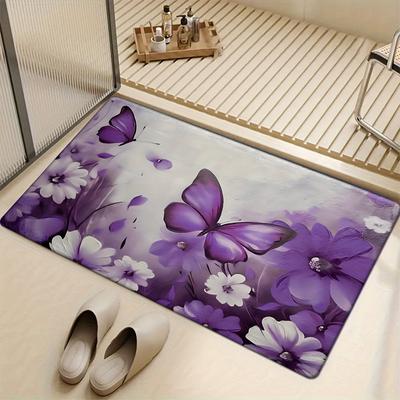 1Pcs Purple Floral  Butterfly Pattern Floor Mat Modern Kitchen  Rug Non-Slip Colorful Indoor Carpet, For Home Bathroom Bedroom Living Room Decor