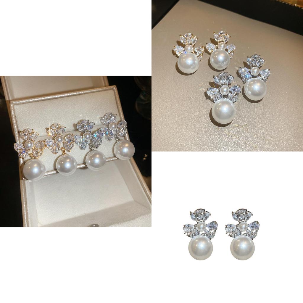 Elegant Floral Silver Plated Zircon Pearl Dangle Earrings For Women Home Party Wear