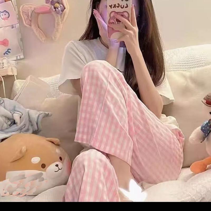 Girly Dopamine Blue Plaid Pants Women's Summer Thin Loose Straight Wide-leg Pants Lazy Casual Yamamoto Pants