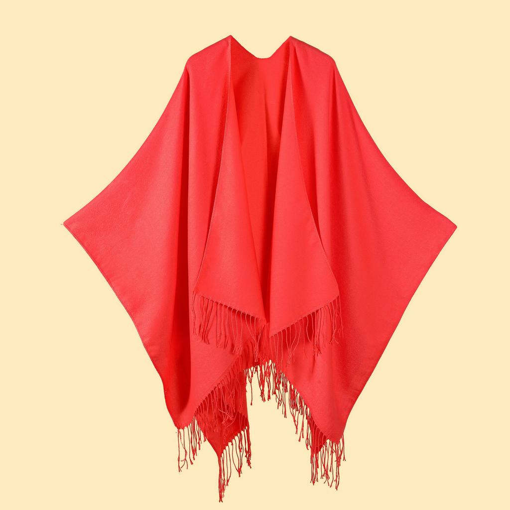 Ladies' Classic Monochrome Tassel Slit Shawl Scarf, Imitation Cashmere Knitted Cardigan