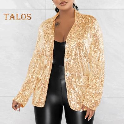 Damen Anzugmantel Revers Langarm Einreihig Anzugjacke mit Pattentaschen Glänzende Pailletten Lockere Passform Oberbekleidung