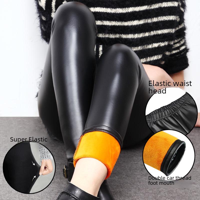 Women's Autumn/Winter Faux Leather & Velvet Warm Skinny Pants, Plus-Size, Elastic, Nine-Point Length