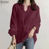 Women Casual U-Neck Solid Color Long Sleeve Drawstring Blouse